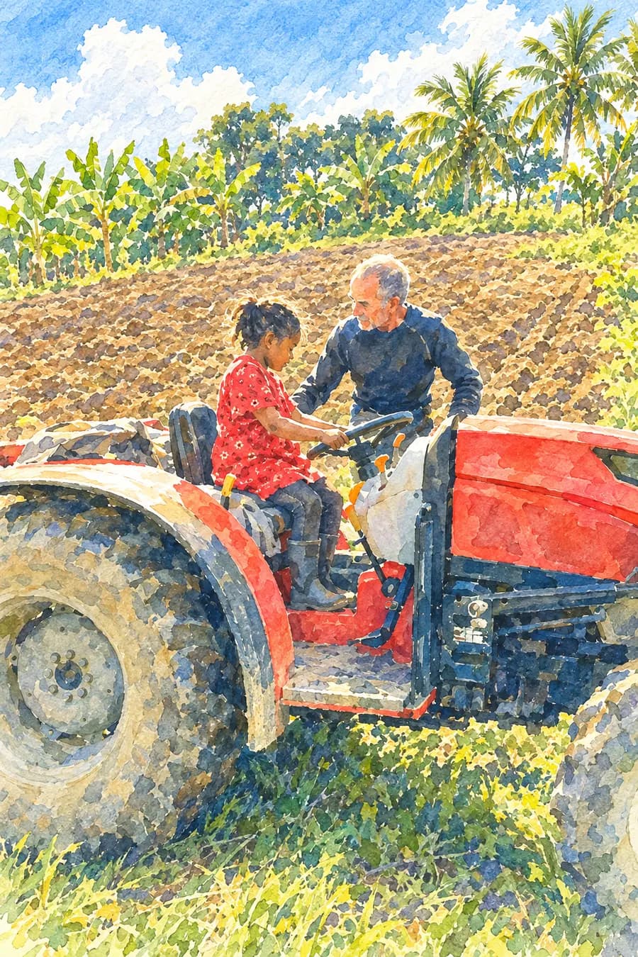 Aquarelle d'une petite fille au volant du tracteur, guidée par son grand-père