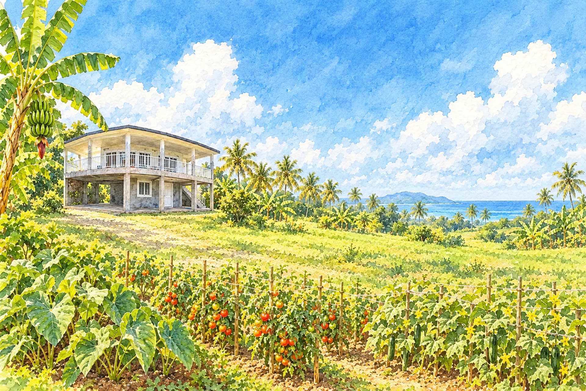 Aquarelle de notre maison familiale entourée de cocotiers, avec le potager : tomates, concombres, dachine et bananiers